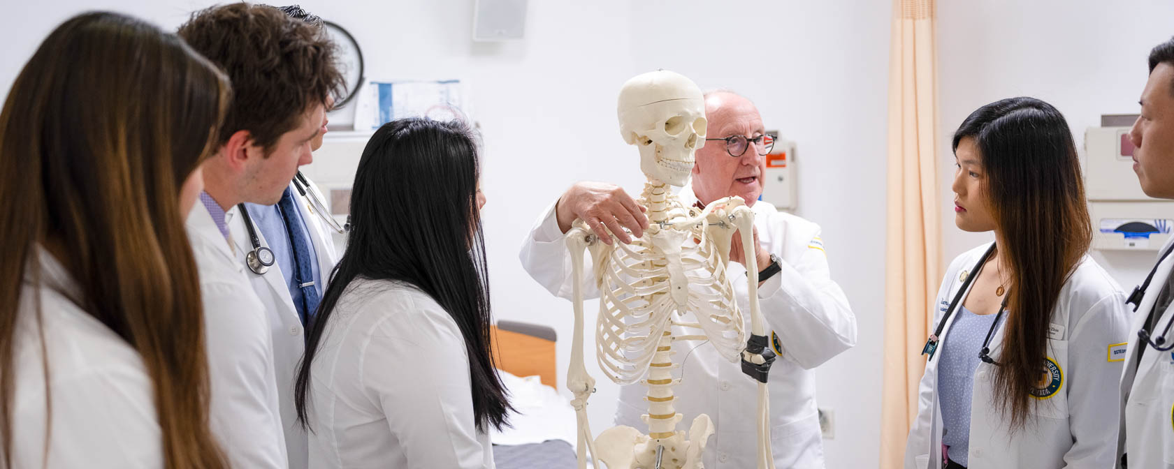 A professor uses a medical skeleton model to teach a group of students.